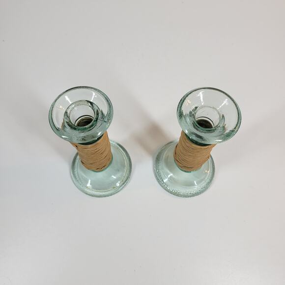 Vintage Glass Wrapped Twine Candlestick Holders Rustic Primitive Home Decor - Picture 6 of 12